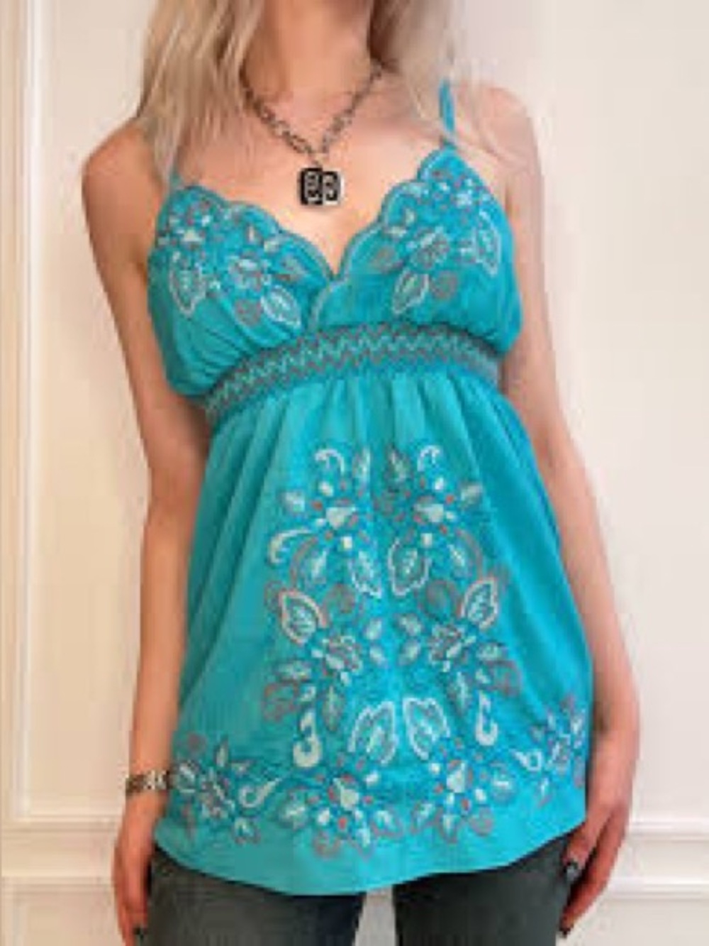 Heart Soul Boho Baby Doll Strappy Blue Top Floral Embroidery Small